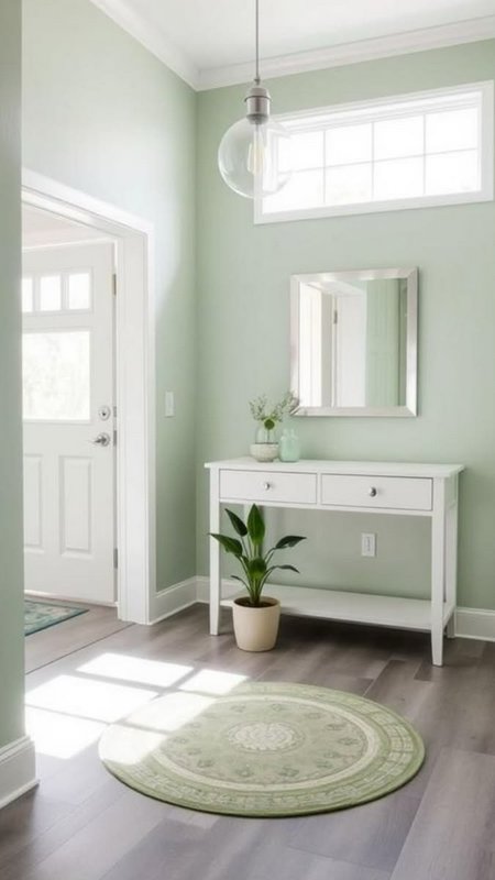 Bright sage green entryway foyer with a white console table, round area rug, potted plants, and n...