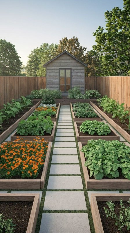 Symmetrical backyard raised bed vegetable garden with a central stone path leading to a weathered...