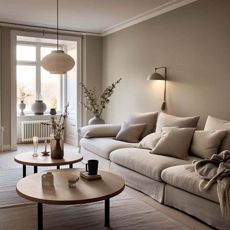 Serene neutral Scandinavian living room featuring a plush beige sectional sofa, round wood coffee...