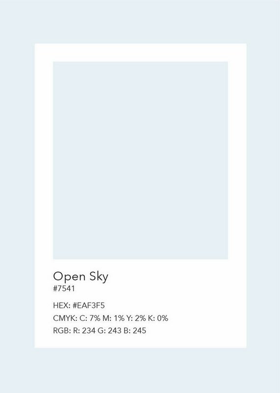 Pale blue Open Sky #7541 color swatch displaying HEX, CMYK, and RGB color codes for design, paint...