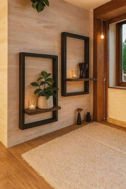 Cozy warm minimalist room corner with framed floating shelves, potted houseplant, lit candles, wo...