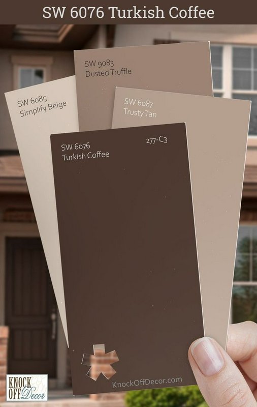 Hand holding coordinating warm neutral Sherwin Williams paint swatches, centered on SW 6076 Turki...