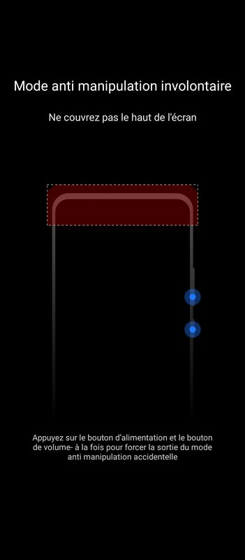 Smartphone accidental touch protection screen in French, showing device diagram and mode exit ins...
