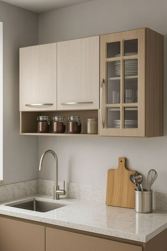 Modern neutral kitchen corner with light wood upper cabinets, quartz countertop, sink, and cookin...