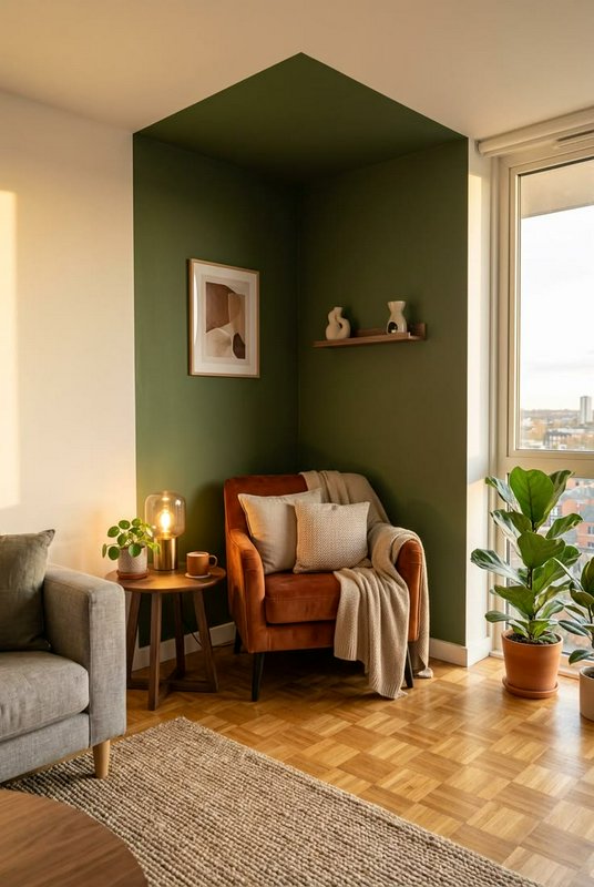 Cozy sunlit reading nook with dark green accent wall, burnt orange armchair, and warm modern livi...