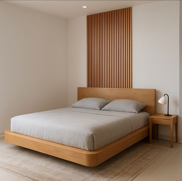 Minimalist Japandi bedroom with light oak platform bed, neutral grey bedding, vertical wood slat ...