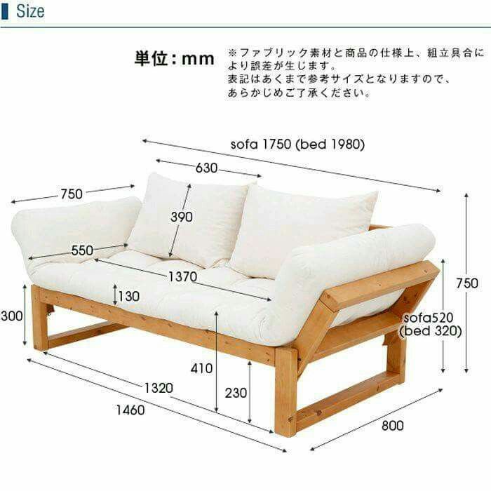 Dimension diagram of convertible wooden futon sofa bed with cream plush cushions, all measurement...