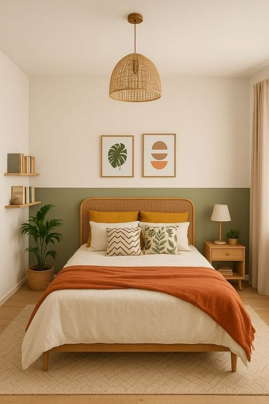 Cozy boho minimalist bedroom with rattan cane bed, sage green two-tone walls, and warm earthy nat...
