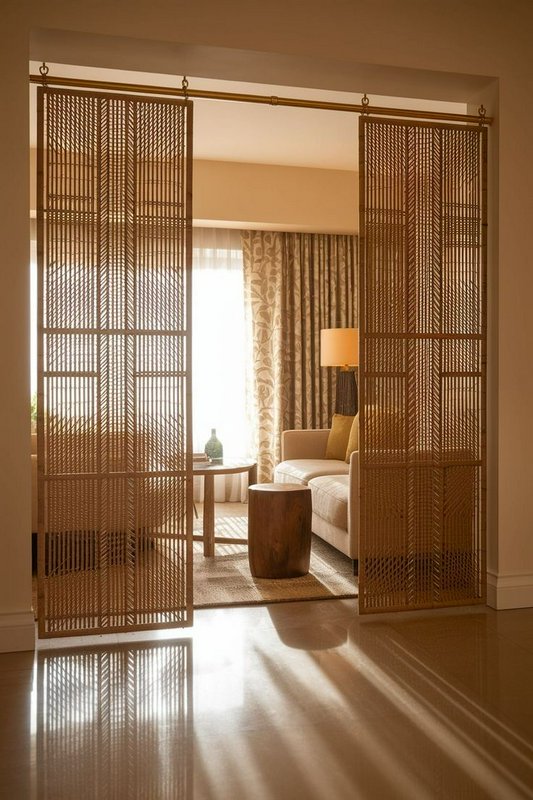 Sliding woven rattan room dividers frame a sunlit warm neutral living room viewed from a glossy t...