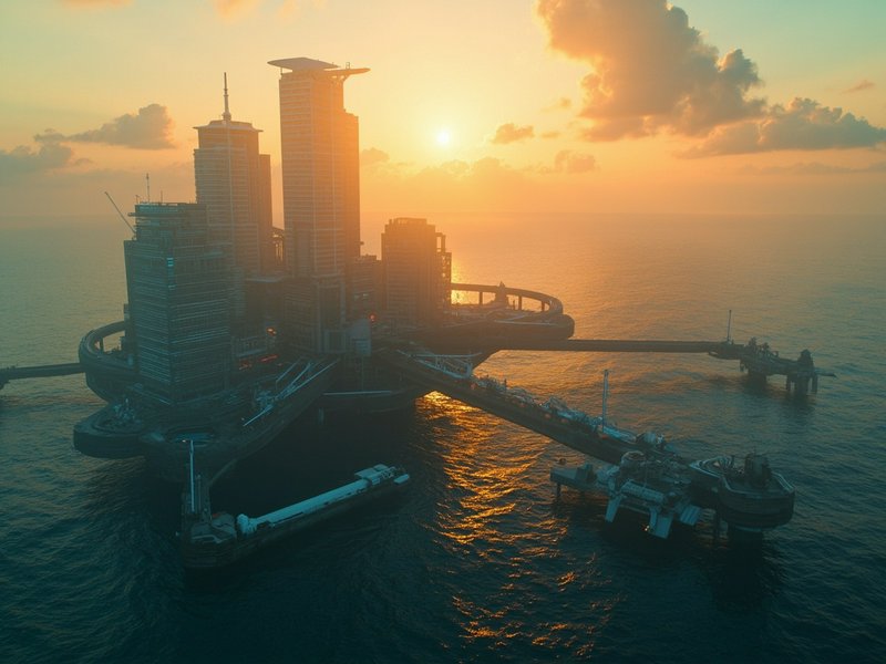 Futuristic floating city with tall towers and curved bridges on the sea at sunset