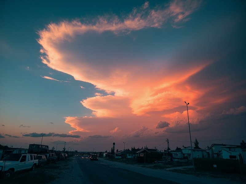 Dramatic sunset over a suburban street with orange-pink clouds and parked cars.