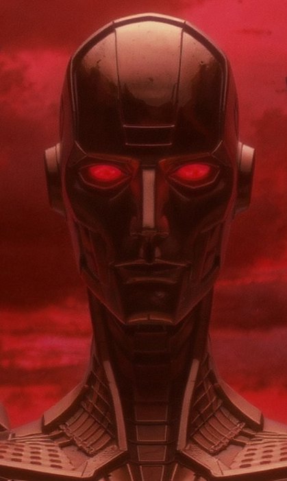 Dark metallic android with glowing red eyes against a crimson stormy background