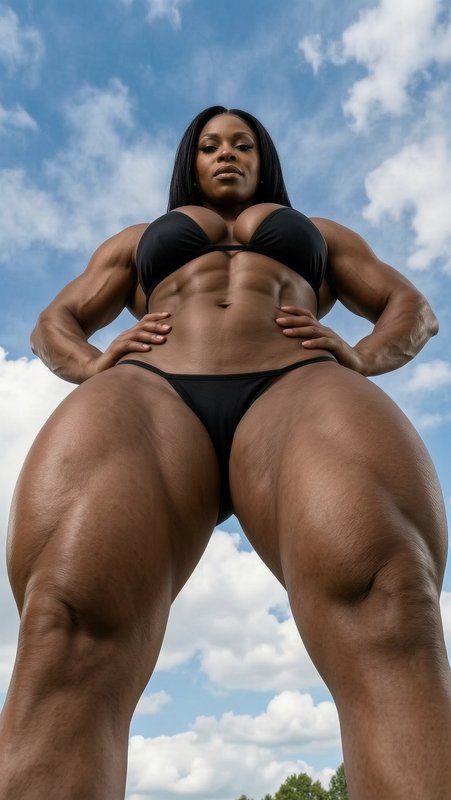 Low angle shot of muscular Black female bodybuilder standing with hands on hips against a bright ...