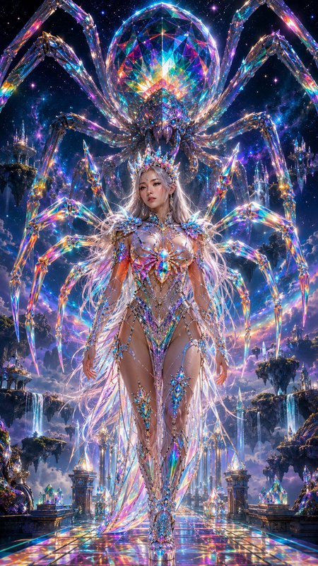Regal crystal spider queen stands before a giant iridescent crystalline spider in a magical float...