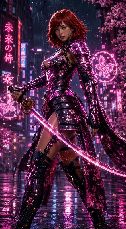 Fierce cyberpunk female samurai with red hair holds glowing pink katana on rainy neon Tokyo stree...
