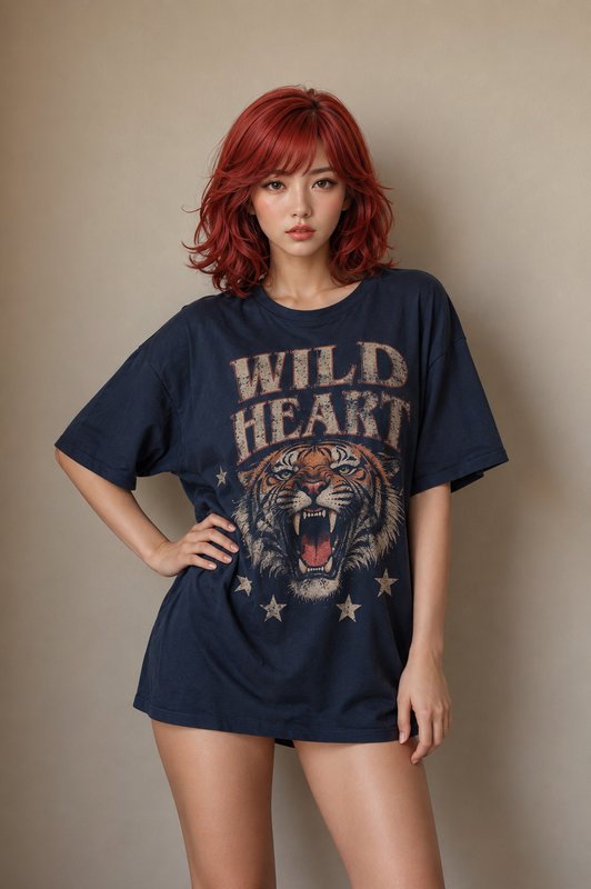 Young woman with wavy red hair poses wearing an oversized navy "Wild Heart" tiger graphic t-shirt...