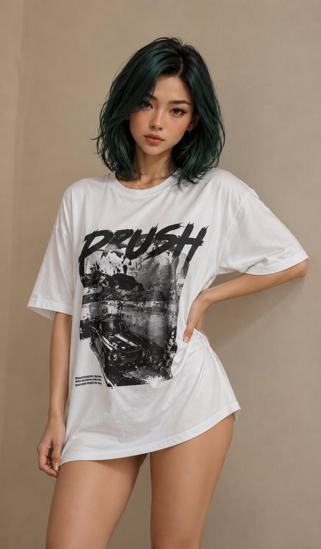 Young woman with short wavy teal hair poses in an oversized graphic white t-shirt against a plain...