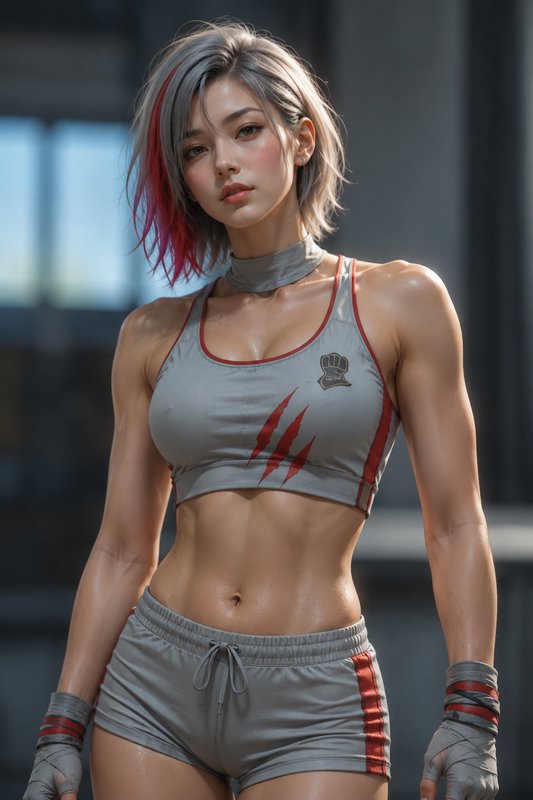 Athletic young woman with short grey hair and red streaks wearing workout gear, standing in a blu...