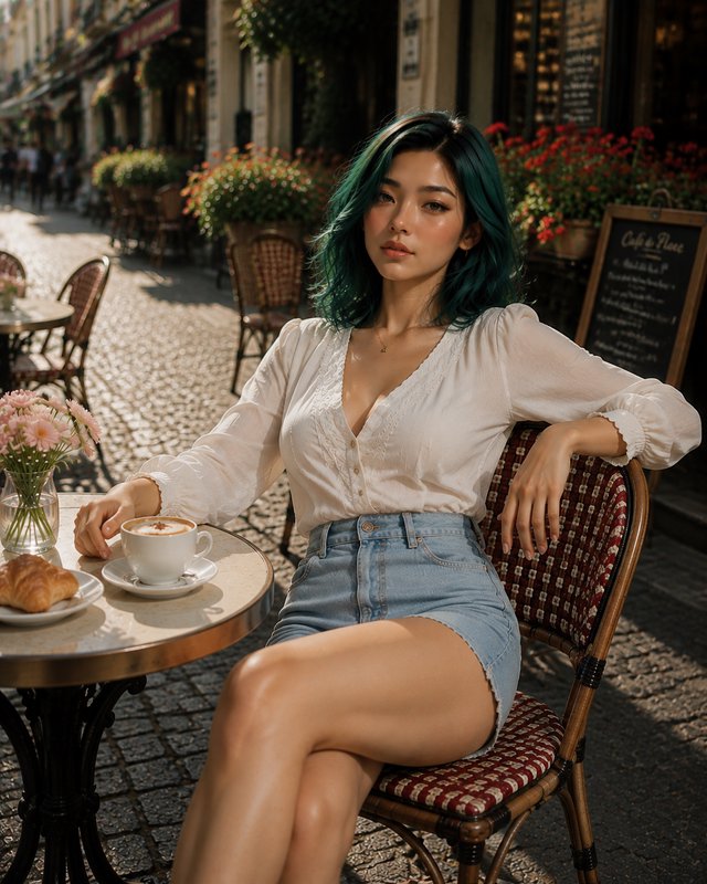 Young woman with wavy teal hair sits at a sunlit Parisian sidewalk cafe with coffee and a croissa...