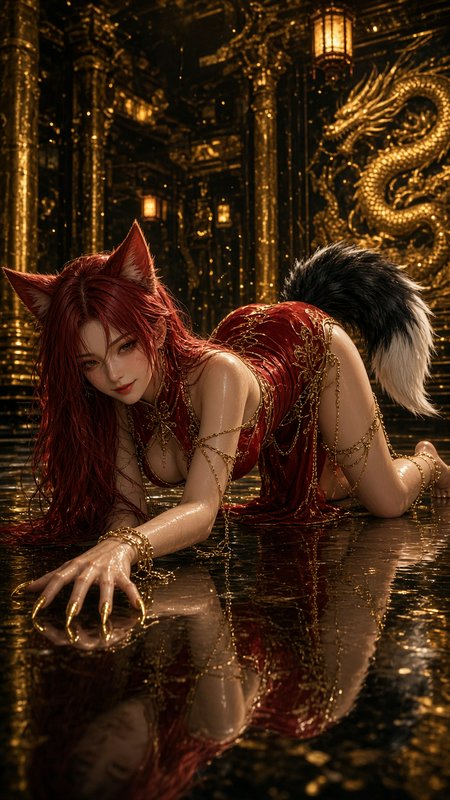 Red-haired kitsune woman with fox ears crawls on reflective floor inside gilded East Asian dragon...