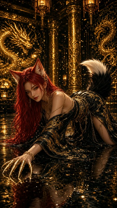 Red-haired kitsune fox woman with golden claws posed on a reflective floor inside an ornate gilde...