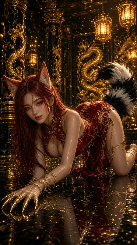 Fantasy kitsune fox girl with red hair and ornate red gown crawls across wet floor in gilded drag...