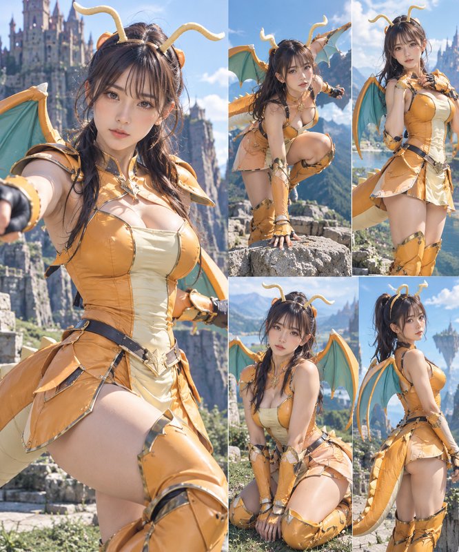 Multi-panel collage of fantasy dragon girl character in golden armor with horns, wings, fantasy m...