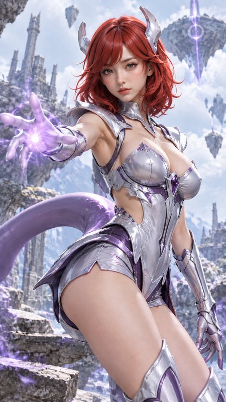 Tiefling fantasy warrior with short red hair casts purple magic, floating sky castle backdrop