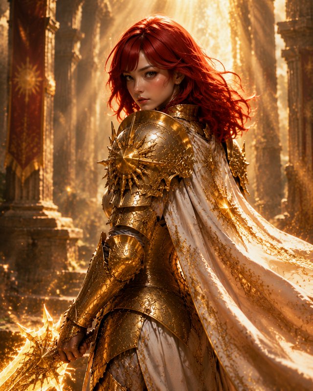 Red-haired female paladin in ornate golden sun armor holds a glowing holy sword in sunlit ancient...