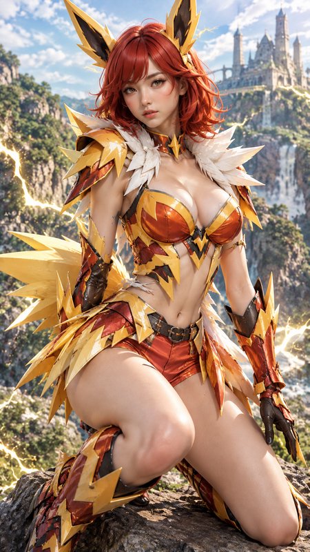 Red-haired lightning warrior in spiked gold-red armor kneels on cliff overlooking a fantasy mount...