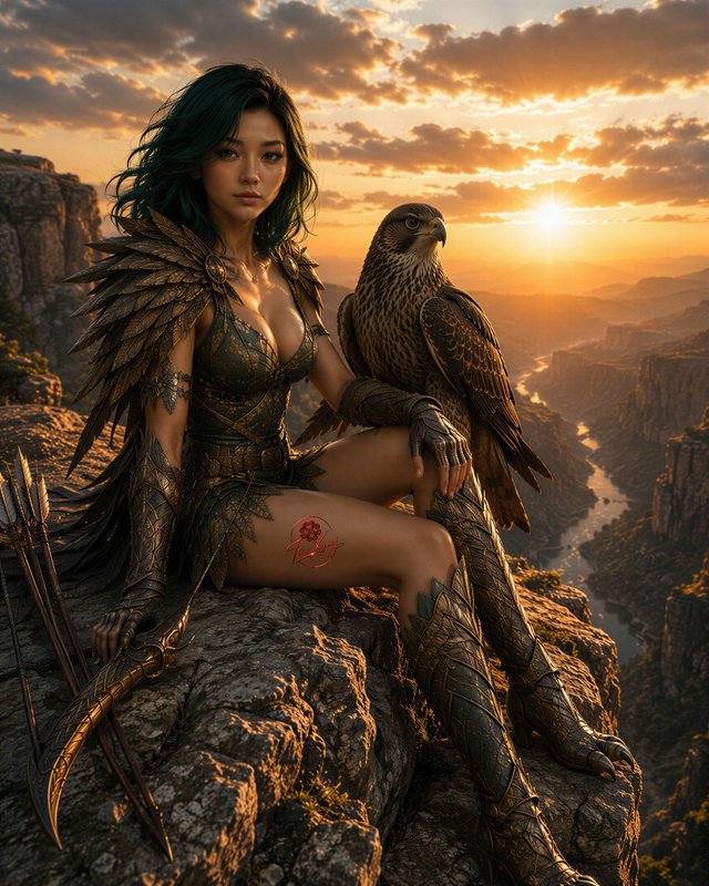 Fantasy female elven archer sits on a rocky canyon cliff with her peregrine falcon companion at g...