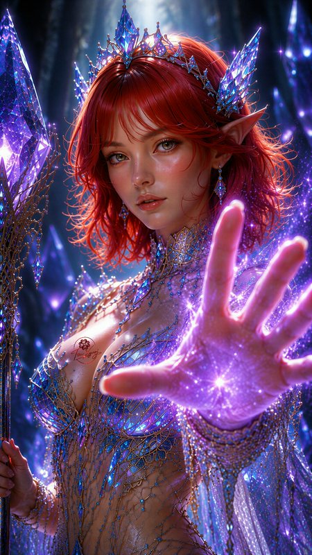 Red haired elven sorceress extends a hand glowing with purple magic while holding an ornate cryst...