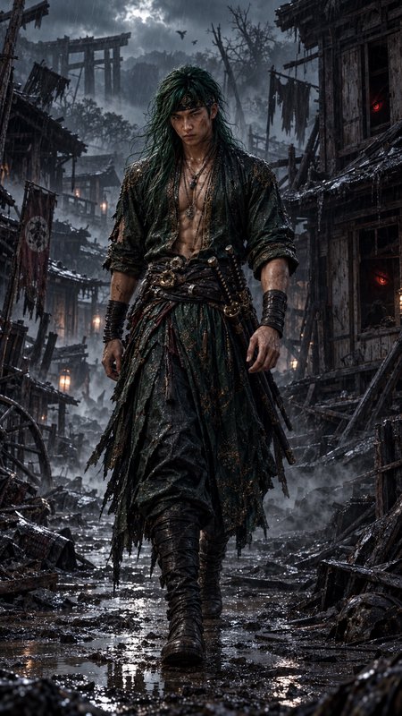 Green haired fantasy samurai walks through a rain-soaked ruined feudal Japanese village during a ...