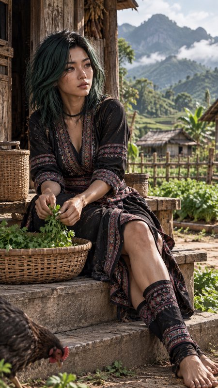 Young woman with green hair in embroidered traditional dress sits on a mountain village porch sor...