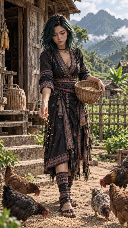 Young woman with green hair in embroidered traditional dress feeding chickens outside a mountain ...