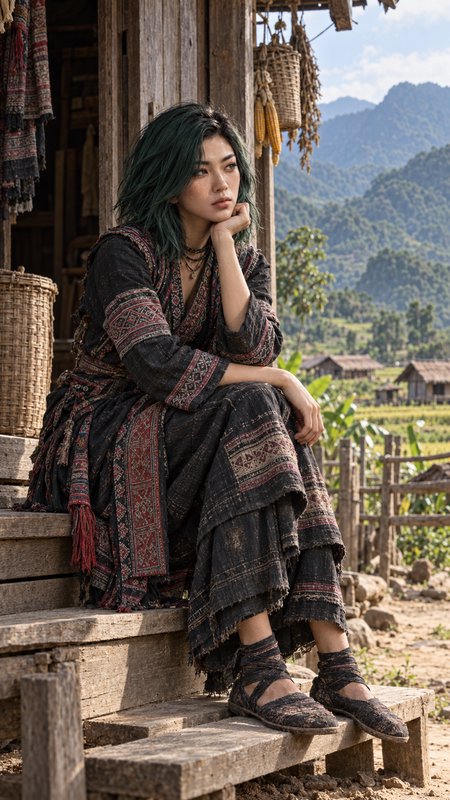 Pensive young woman with dark green hair in traditional woven clothing sits on wooden cabin steps...