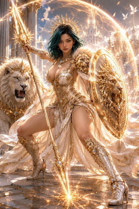 Armored fantasy warrior goddess holds a glowing golden spear beside a fierce white lion in a cele...