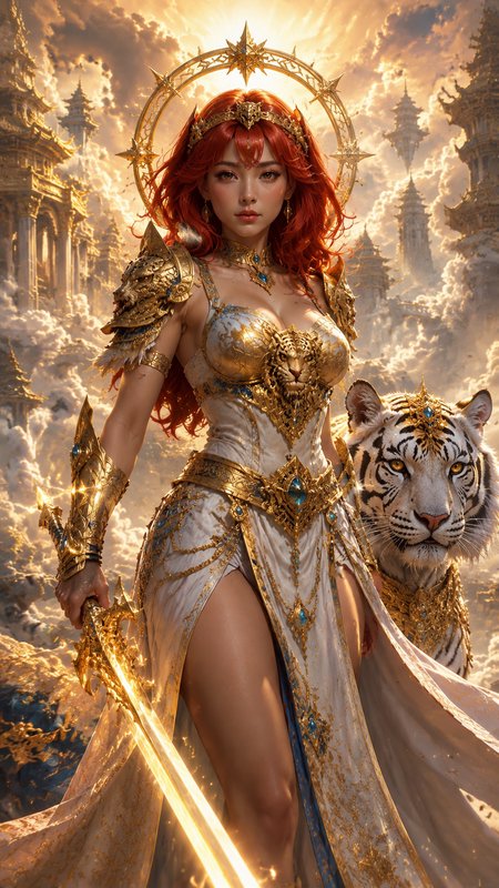 Red haired celestial warrior goddess stands with a bejeweled white tiger, holding a glowing golde...