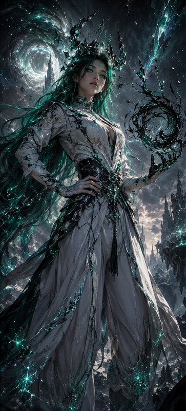 Regal green-haired fantasy sorceress conjures swirling glowing teal magic above a gothic fantasy ...