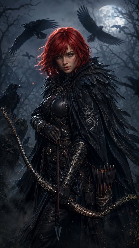 Fierce red-haired fantasy archer in a feathered cloak holds an ornate bow amid crows in a moonlit...