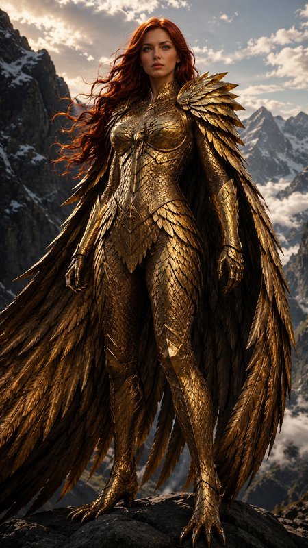 Red haired female warrior in golden feathered armor stands on a rocky mountain peak