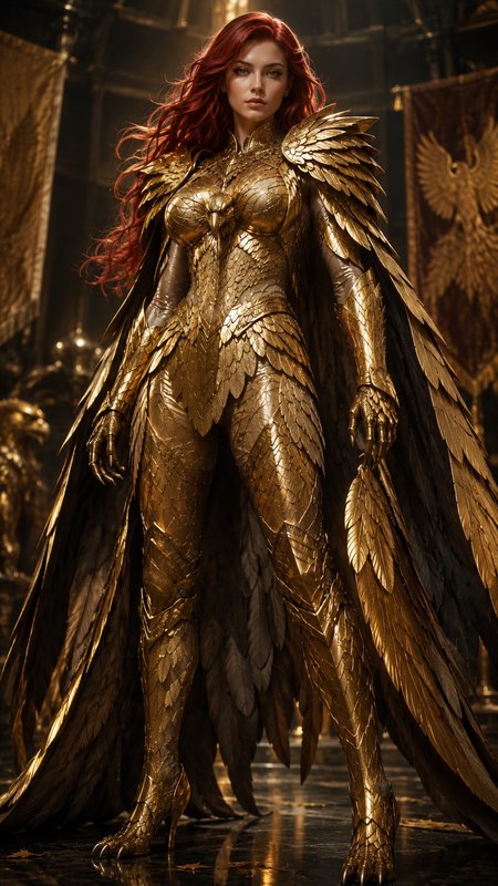 Red haired female fantasy warrior in ornate golden feathered armor stands in a grand royal hall