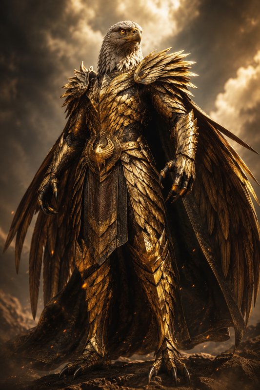Anthropomorphic eagle warrior in intricate golden armor stands against a glowing storm sky