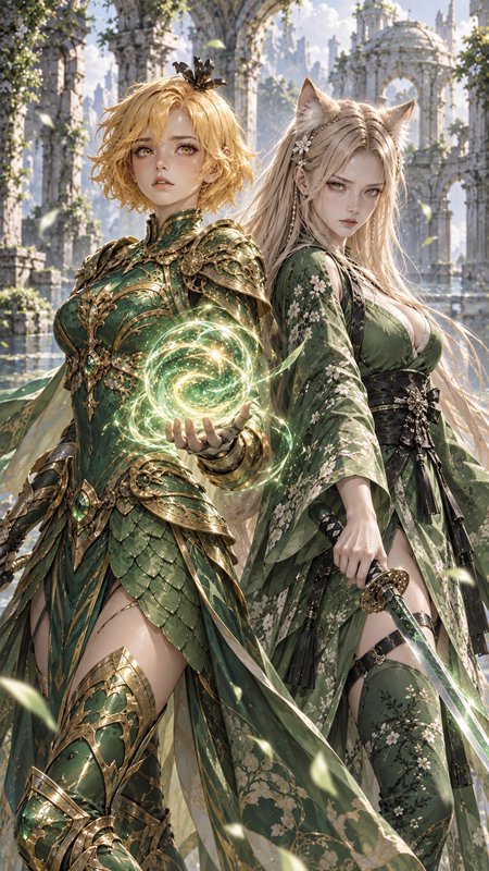 Two fantasy heroines stand back to back, one casting glowing green magic, the other a cat-eared w...