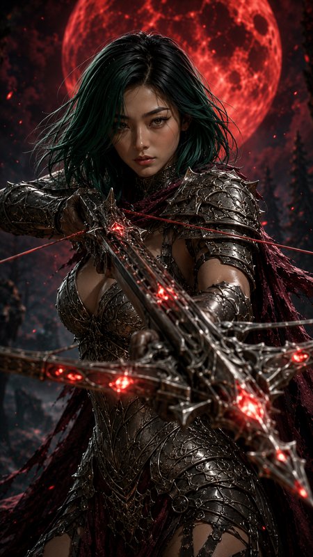 Green-haired fantasy archer aims a glowing enchanted crossbow under a bright red blood moon.