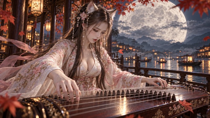 Fox-eared kitsune girl plays guzheng on a moonlit traditional East Asian waterfront pavilion