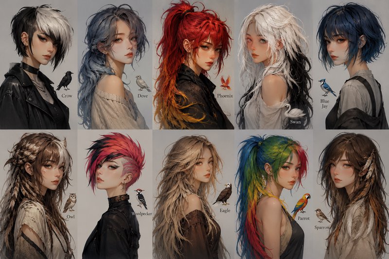 Grid of 10 stylized anime character portraits each paired with a matching bird theme