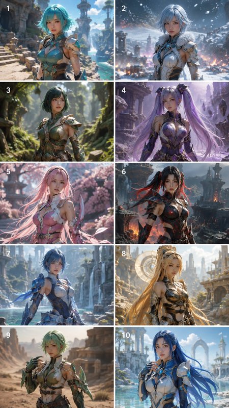 10-panel grid of unique hyperrealistic anime fantasy female warriors each with distinct armor and themed landscape