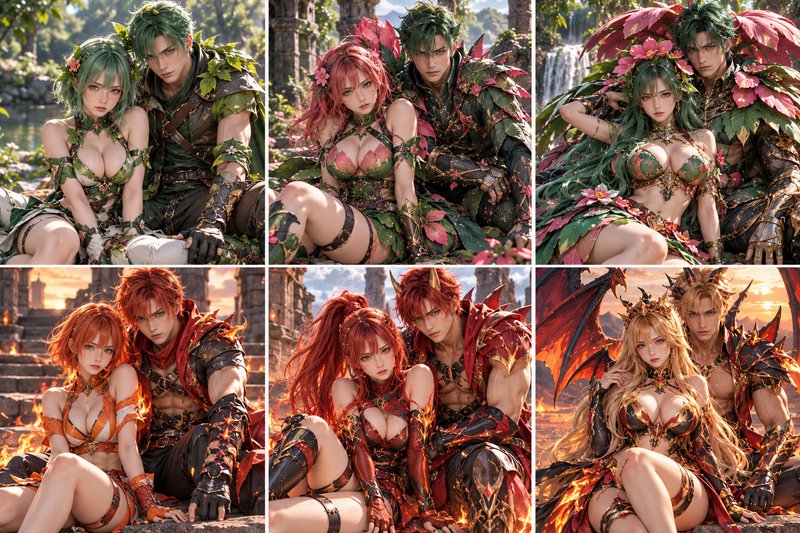 Six panel grid of fantasy elemental anime couple designs featuring nature and fire themed armor