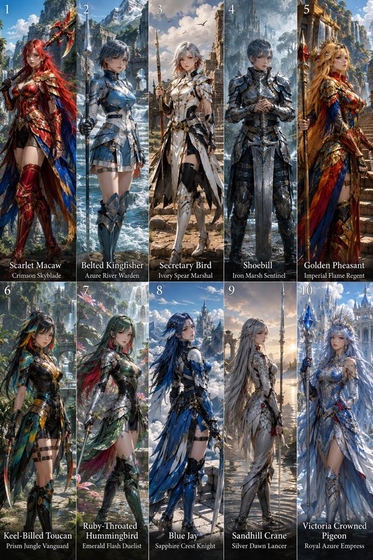 Grid of 10 bird-themed fantasy anime female knight characters in ornate matching armor